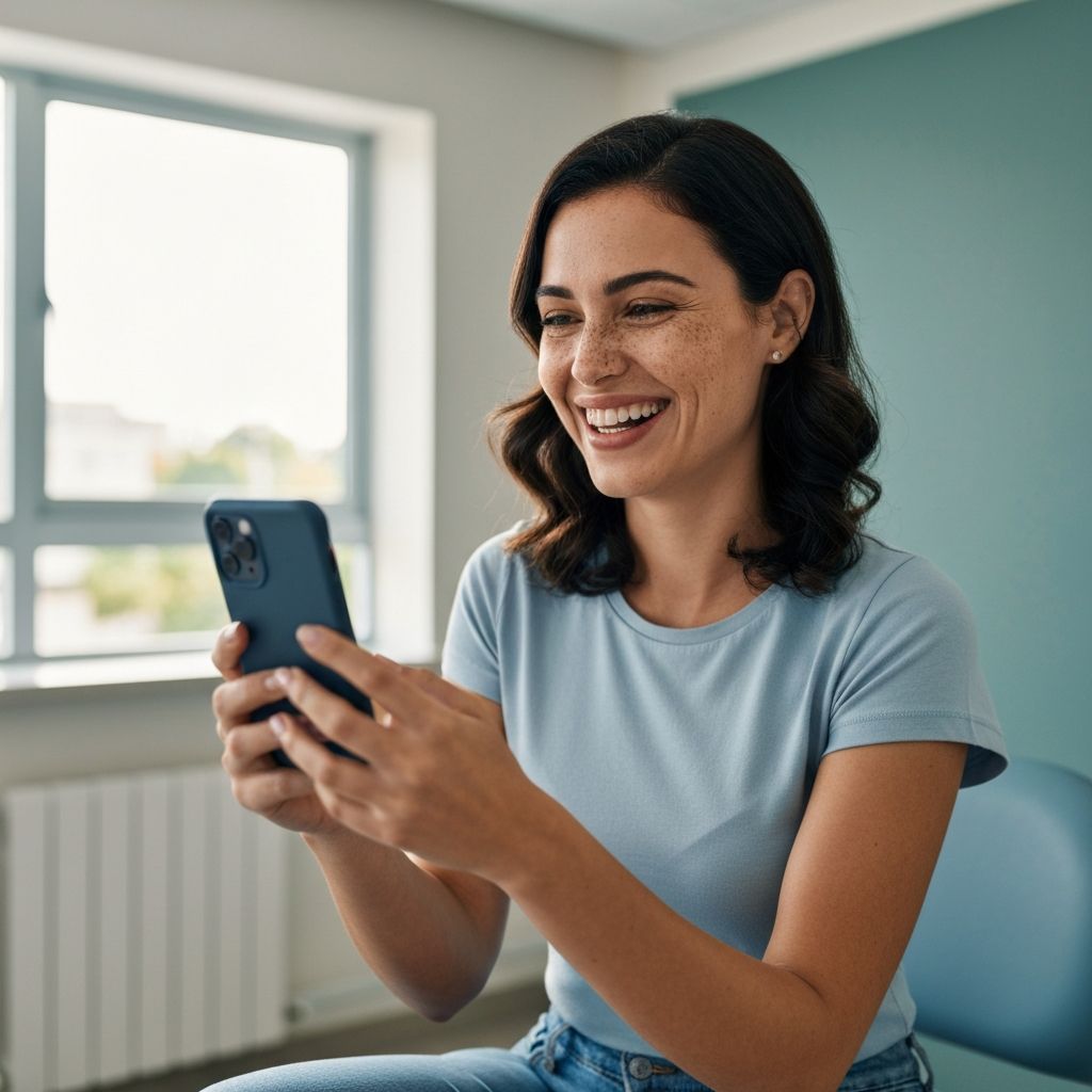 Mulher agendando exame pelo celular